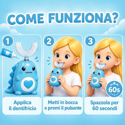 DinoBrush - Spazzolino elettrico a U per bambini 2-14 anni