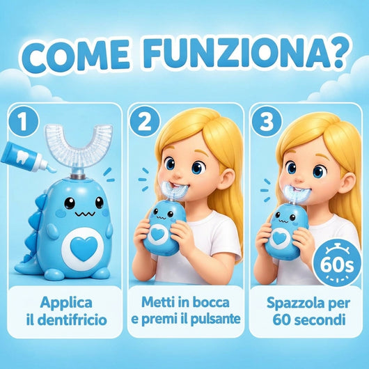 DinoBrush - Spazzolino elettrico a U per bambini 2-14 anni